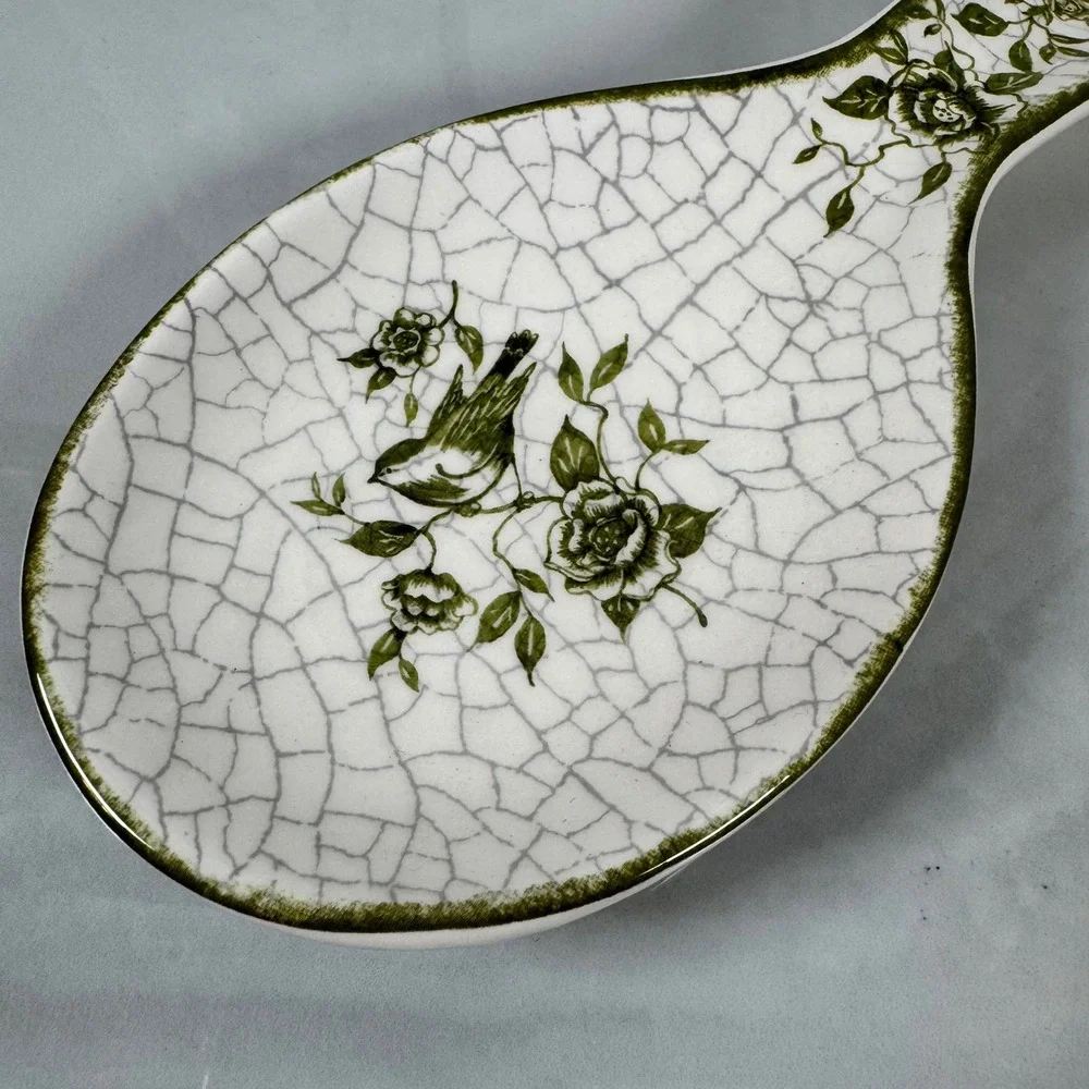 Cracker Barrel Susan Winget Garden Crackle Spoon Rest White Green Bird‎ Flowers